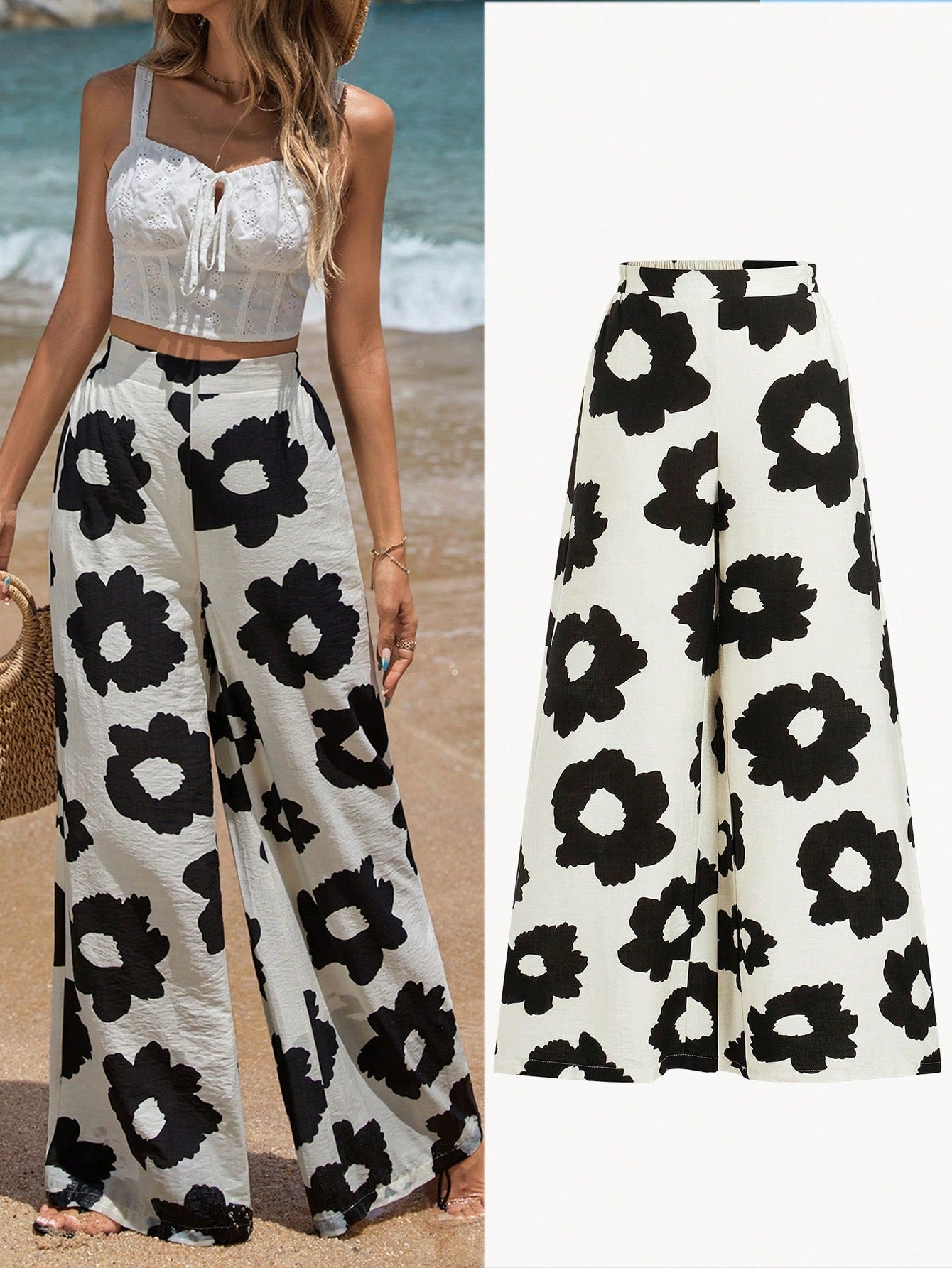 Vacation Woven Flower Pattern High Waist Women's Long Pants