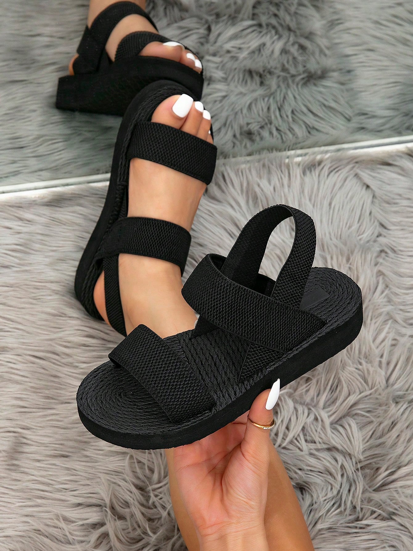 Women's Simple Woven Elastic Band Platform Wedge Sandals