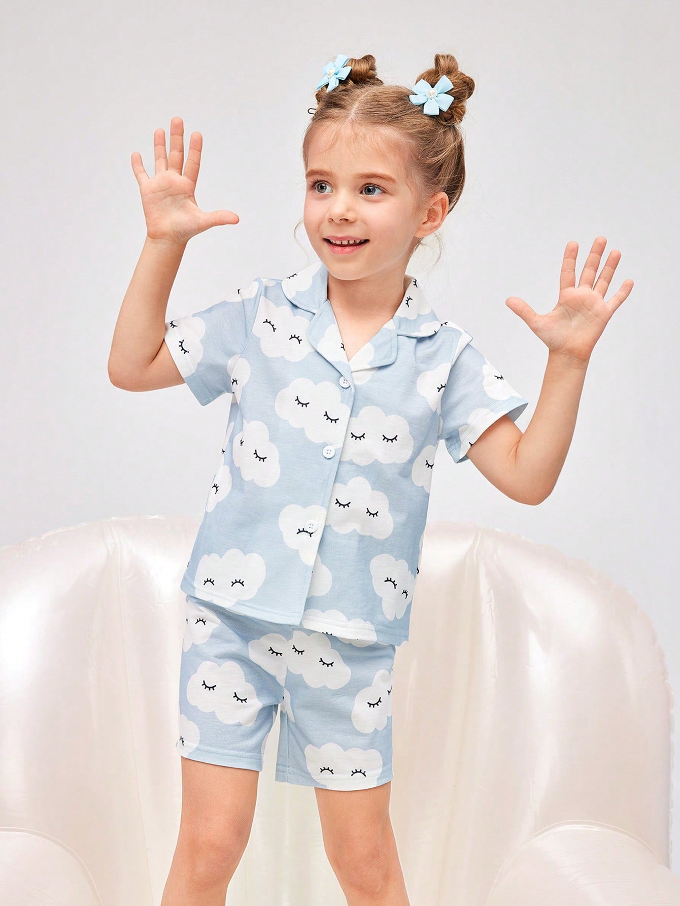 Young Girl Clouds Allover Print Flame Retardant Loose Fit Shorts And Short Sleeve Homewear Set