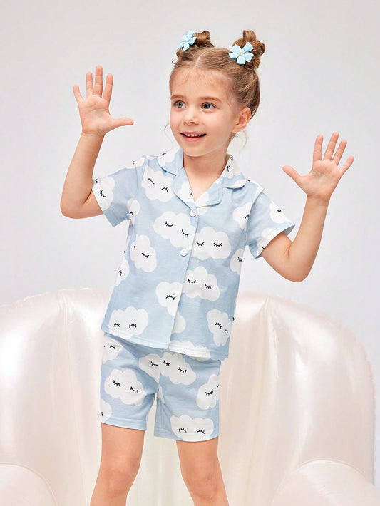 Young Girl Clouds Allover Print Flame Retardant Loose Fit Shorts And Short Sleeve Homewear Set