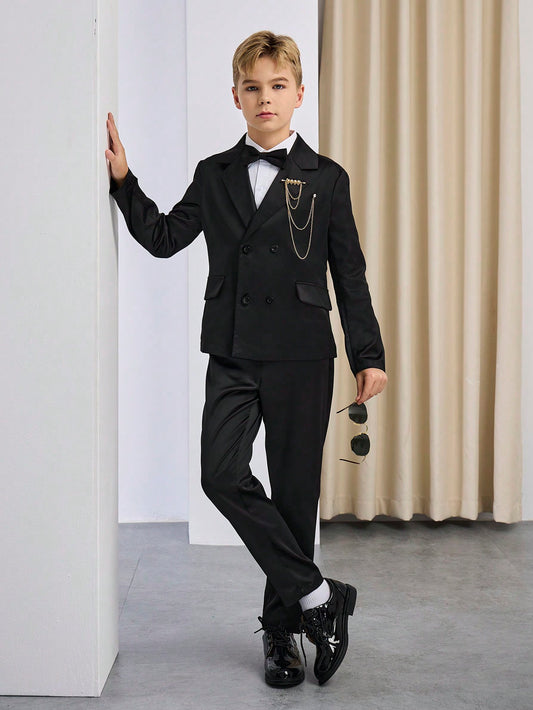 Tween Boy Black Bright Suit Formal Wear Set, Fashionable Gentlemen Suit