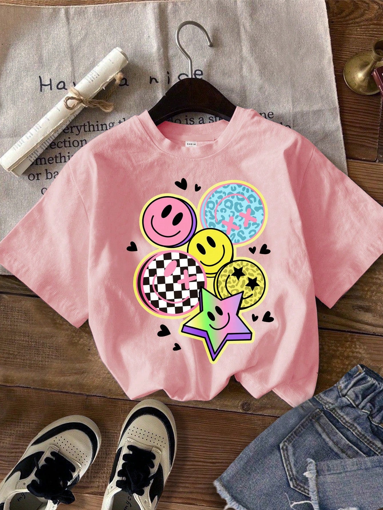 Tween Girl Summer Casual Simple Cartoon Smiling Face & Five-Pointed Star Pattern Pink Short Sleeve T-Shirt, Round Neck