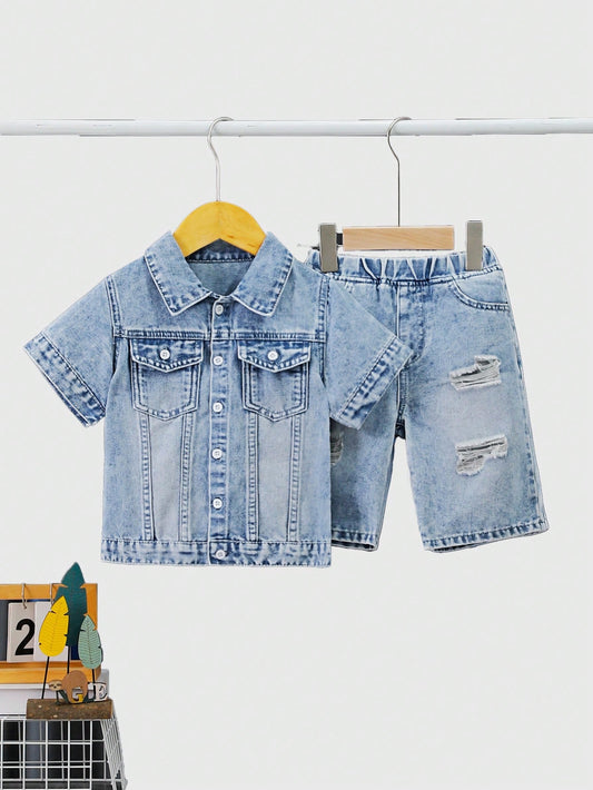 2pcs Young Boy Casual Baggy Shorts Sleeve Denim Jacket And Denim Baggy Boy Shorts Set For Summer And Dailywear