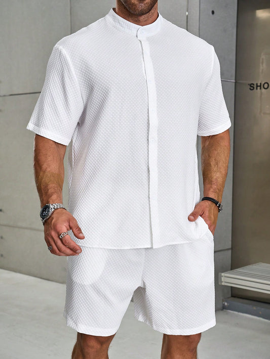 Plus Size Solid Color Stand Collar Button Front Short Sleeve Shirt And Shorts Casual Summer Outfit