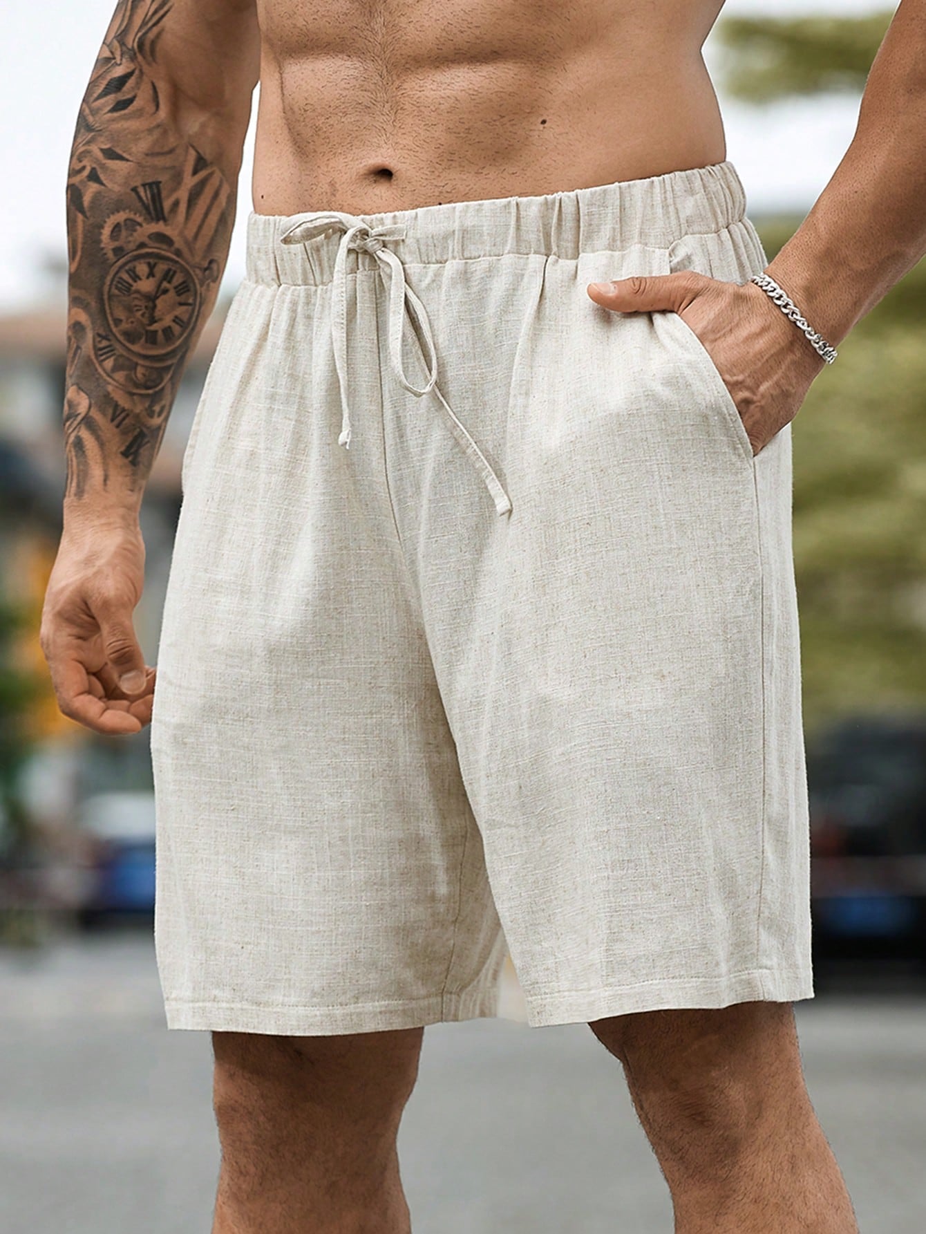 Plus Size Men's Solid Color Simple Casual Drawstring Linen Shorts