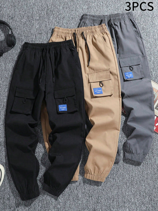 3pcs/Set Spring Summer Fashionable Casual College Style Drawstring Waist Cargo Pants For Tween Boys