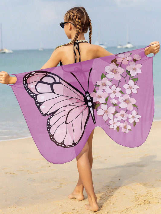 Tween Girl Summer Beach Floral Butterfly Printed One-Piece Swimwear Cover-Up