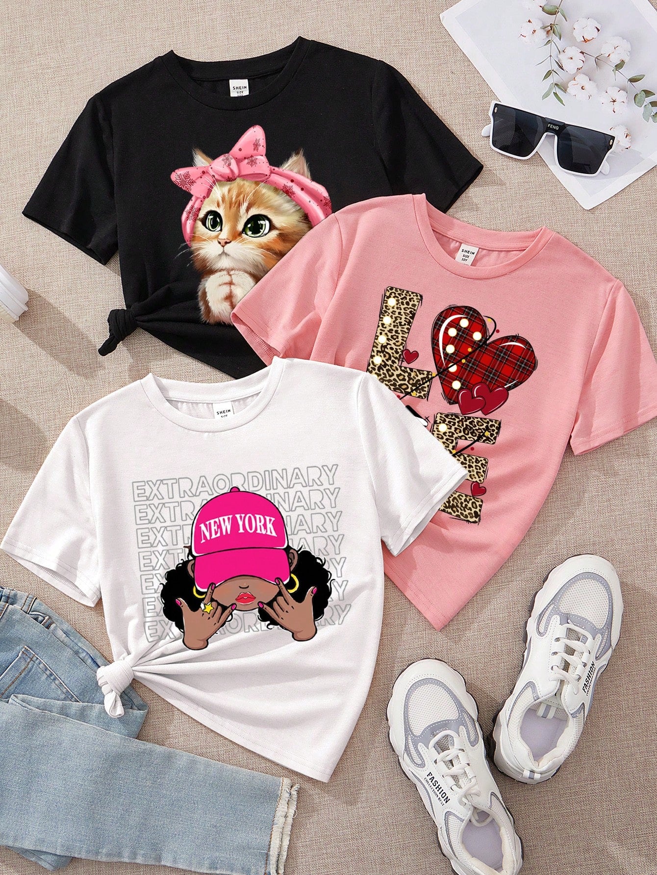 Summer Short Sleeve Round Neck Tops For Tween Girls, Multiple Cartoon , Letter And Bear Patterns, Funny T-Shirts In White, Pink And Black, Suitable For Summer