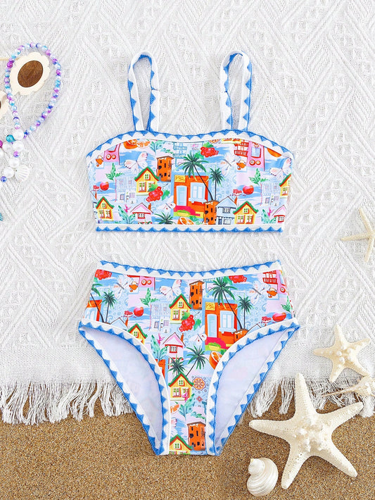 Young Girl Halter Printed Bikini Set Top And Tie-Side Bikini Set Bottom Set Summer Beach