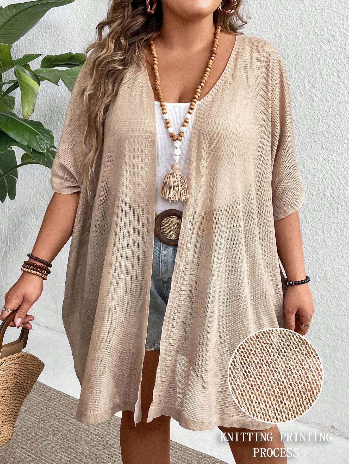 Plus Size Solid Color See-Through Sweater Cardigan With Half Sleeves