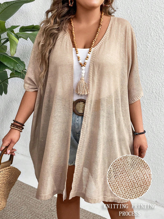 Plus Size Solid Color See-Through Sweater Cardigan With Half Sleeves