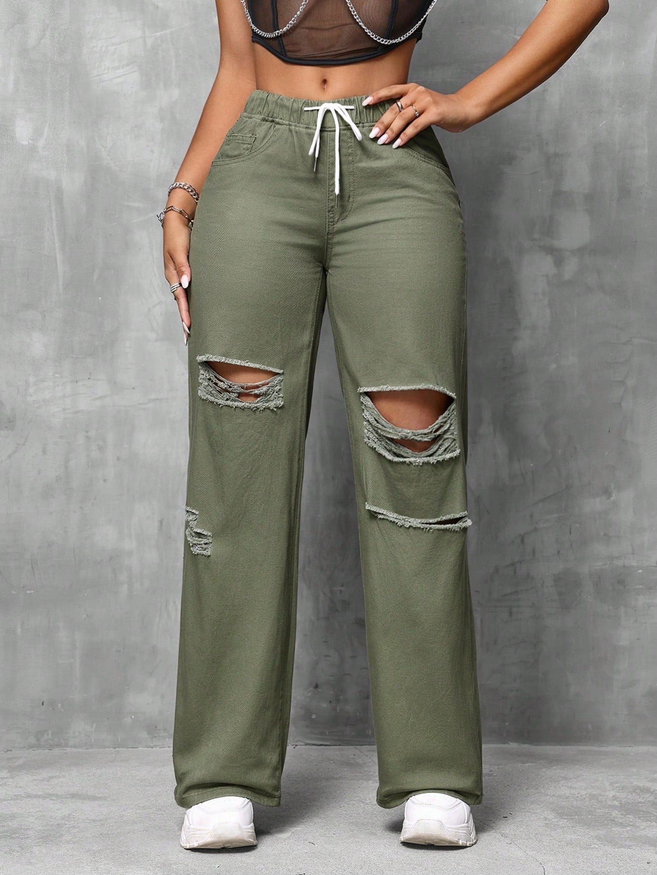 Drawstring Waist Cut Out Ripped Wide Leg Jeans