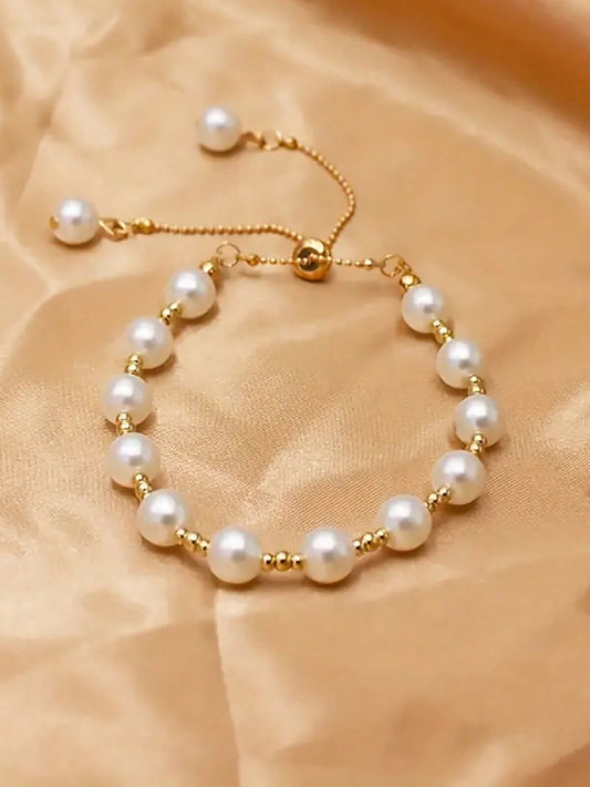 Adjustable Elegant Faux Pearl Beaded Bracelet, Suitable For Girls, Ideal Choice As A Gift, 1pc