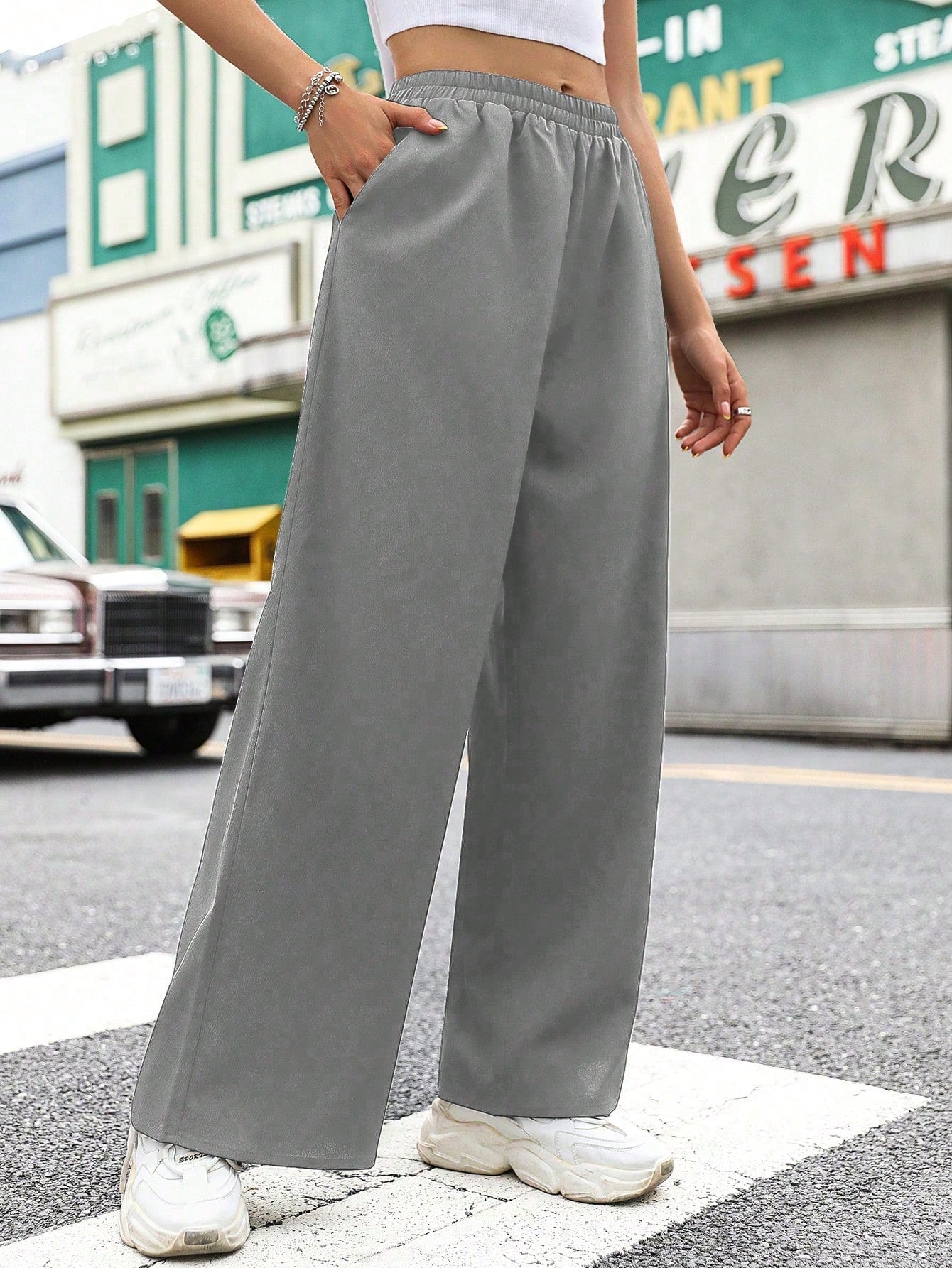 Elastic Waist Solid Color Wide Leg Pants For Casual Wear