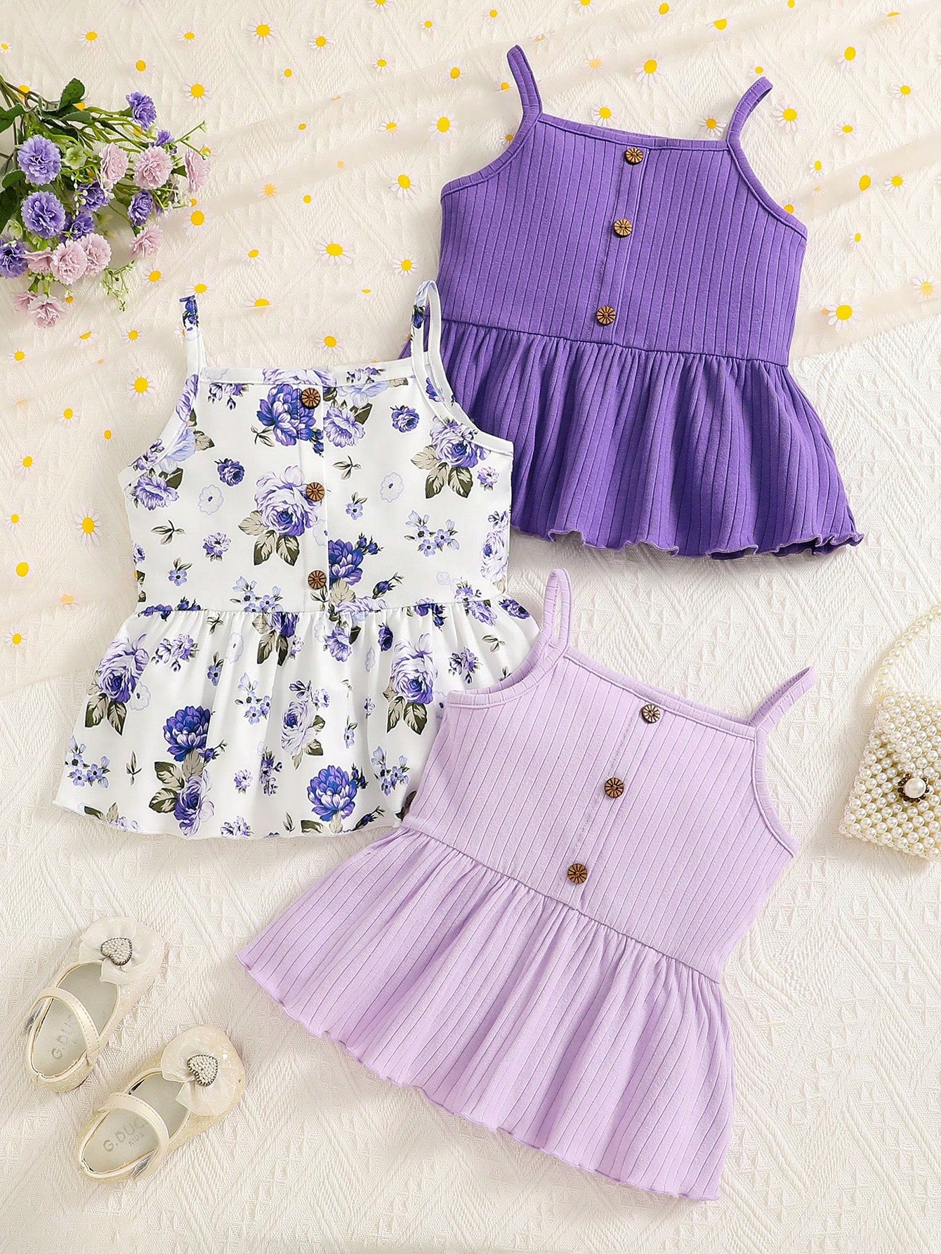 Young Girl Decorative Buckle Hem Frilly Trim Cute Casual Cami 3-Piece Set