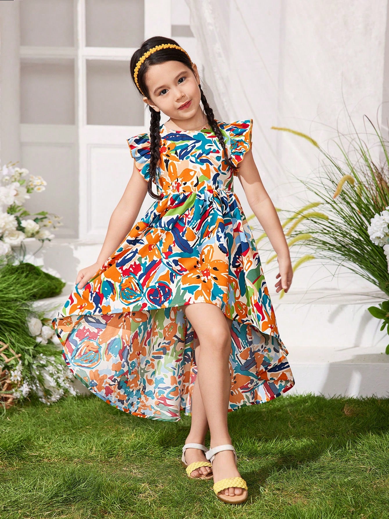 Young Girls' Daily Casual Woven Floral Print Round Neck Dress