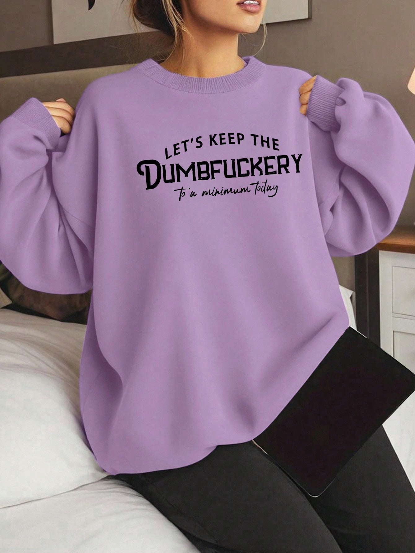 Plus Size Women's Slogan Letter Print Crew Neck Long Sleeve Sweatshirt, Sportswear