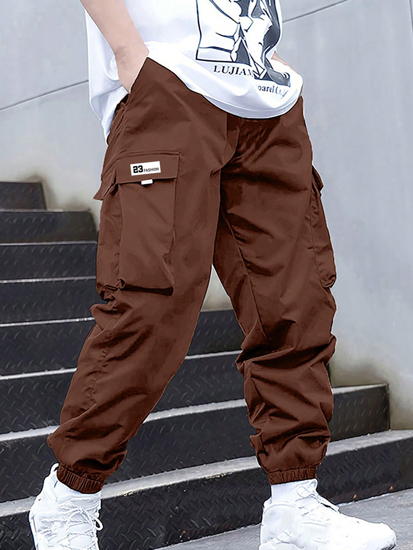 Tween Boy 1pc Casual Outdoor Exercise Cargo Pants With Large Pockets & Woven Belt Decoration , Spring And Autumn