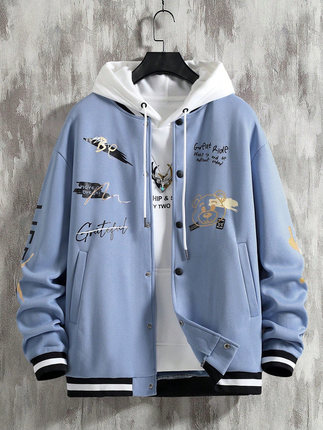 Men Letter Graphic Colorblock Drop Shoulder Oversize Jacket Without Hoodie