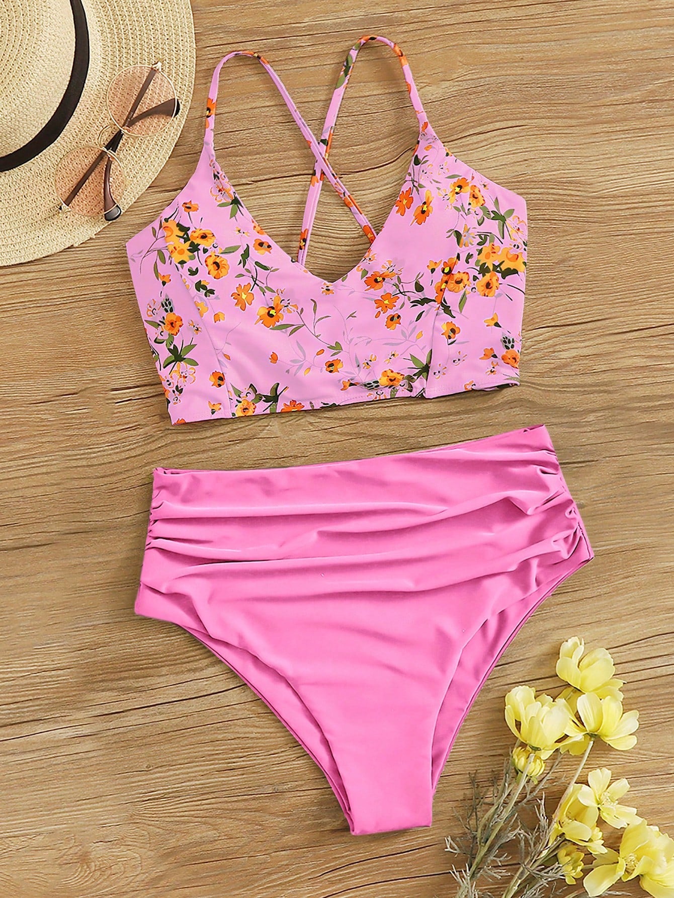 Swim Summer Beach Floral Patchwork Print V-Neck Bikini Set, Bikini Set