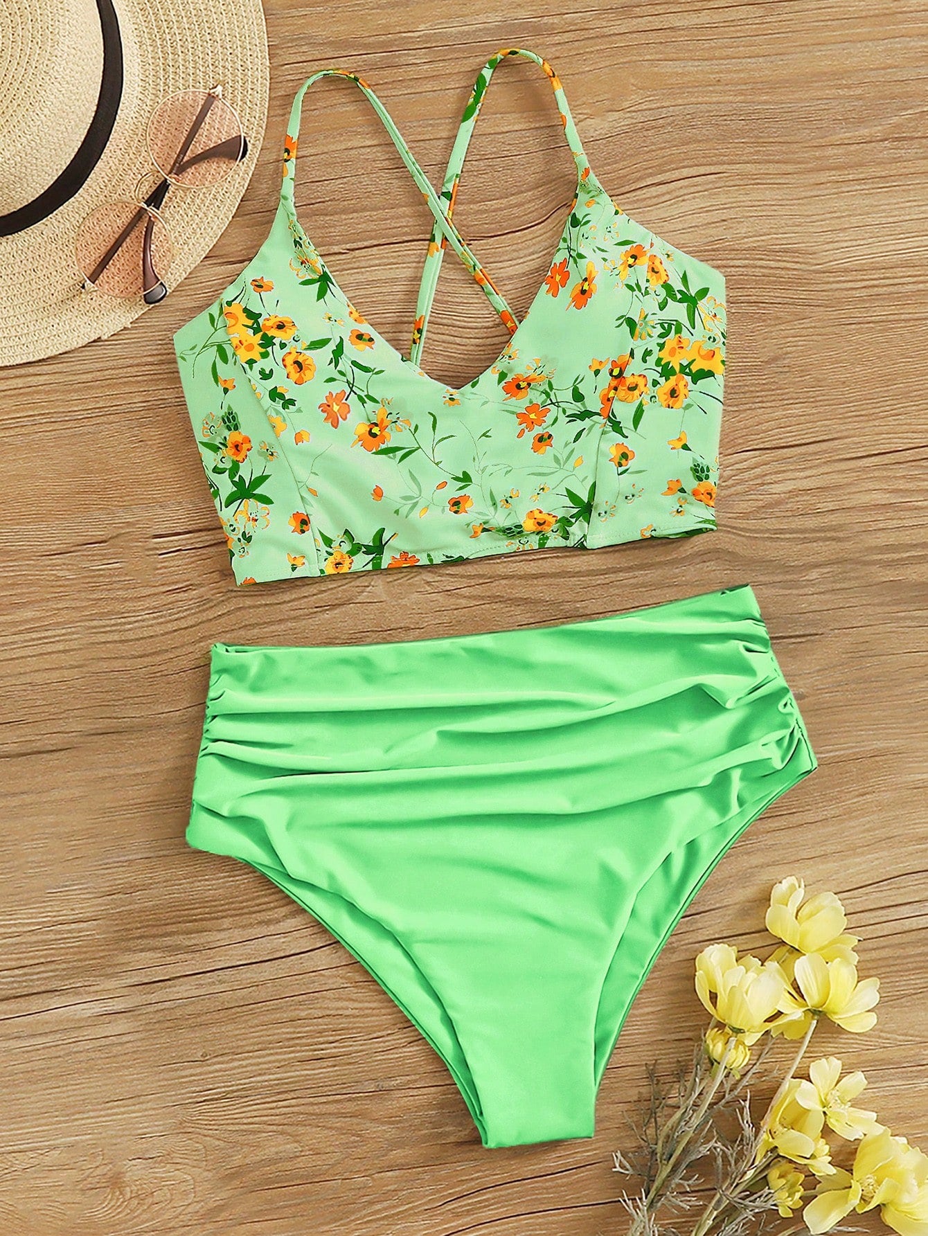 Swim Summer Beach Floral Patchwork Print V-Neck Bikini Set, Bikini Set