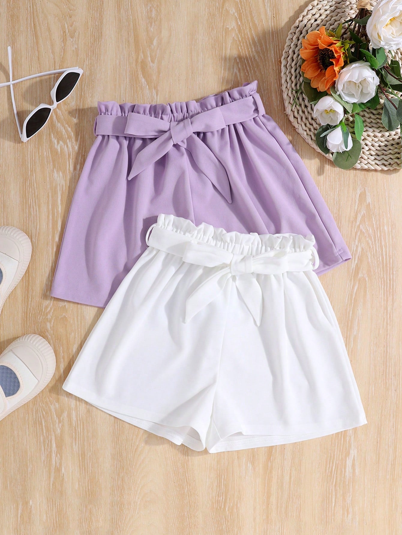 Tween Girl 2pcs Paperbag Waist Belted Shorts