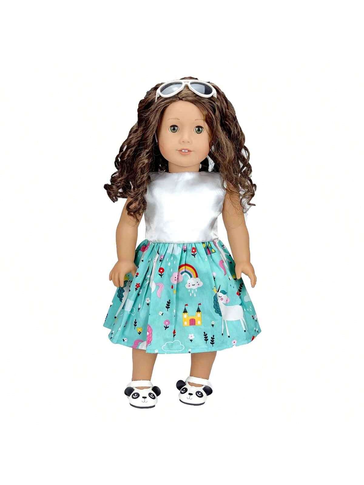 18-Inch Doll Dress, Sleeveless Color-Block Doll Dress, White Top + Green Floral Skirt