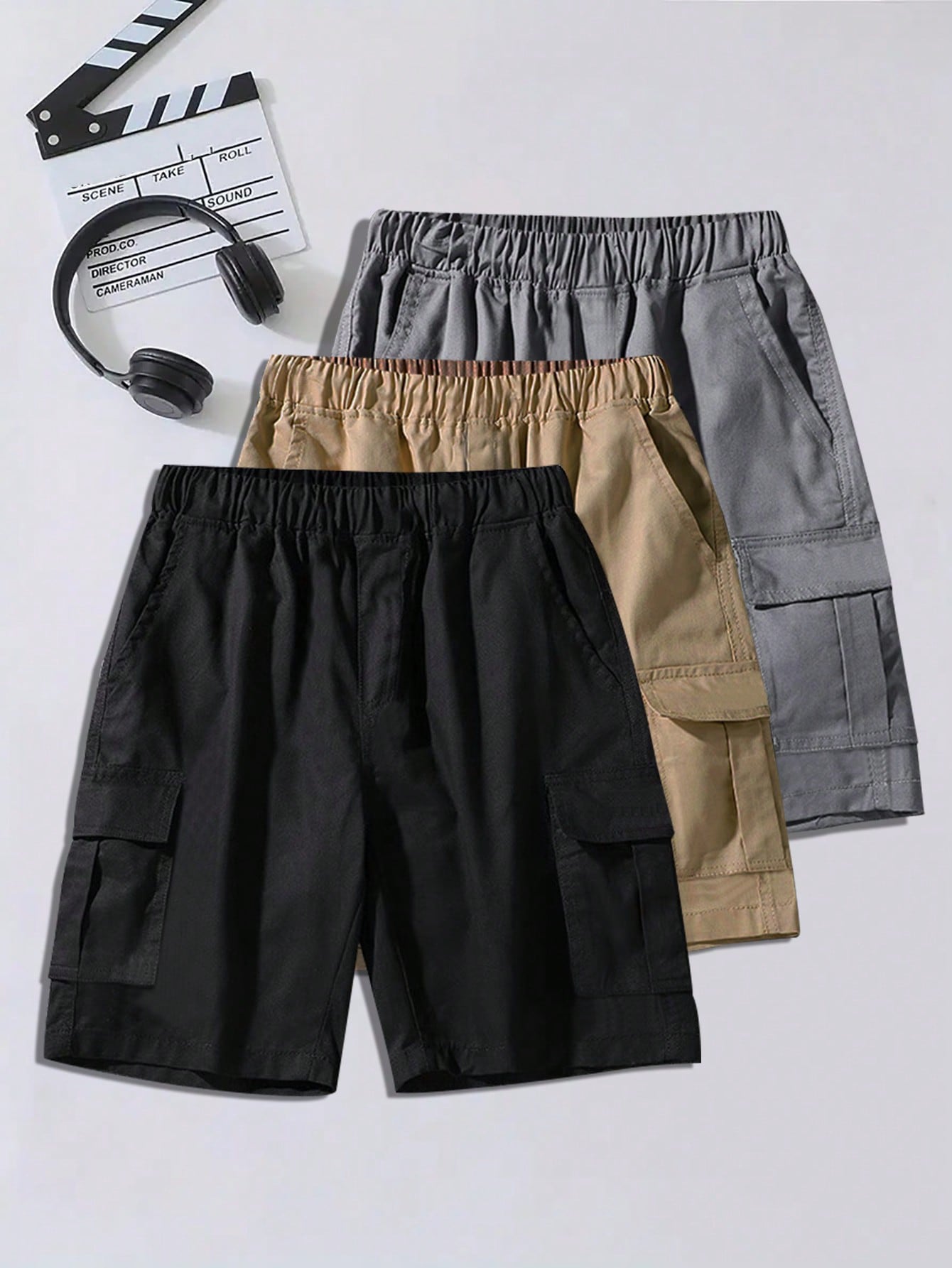 3pcs Tween Boy Casual Sporty Outdoor Pocketed Work Shorts, Spring/Fall