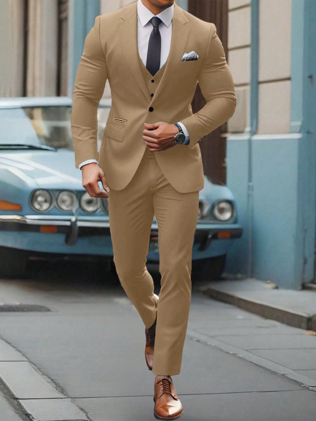 Men Spring And Autumn Solid Color Lapel Collar Long Sleeve Suit Jacket And Pants Casual Commute Suit