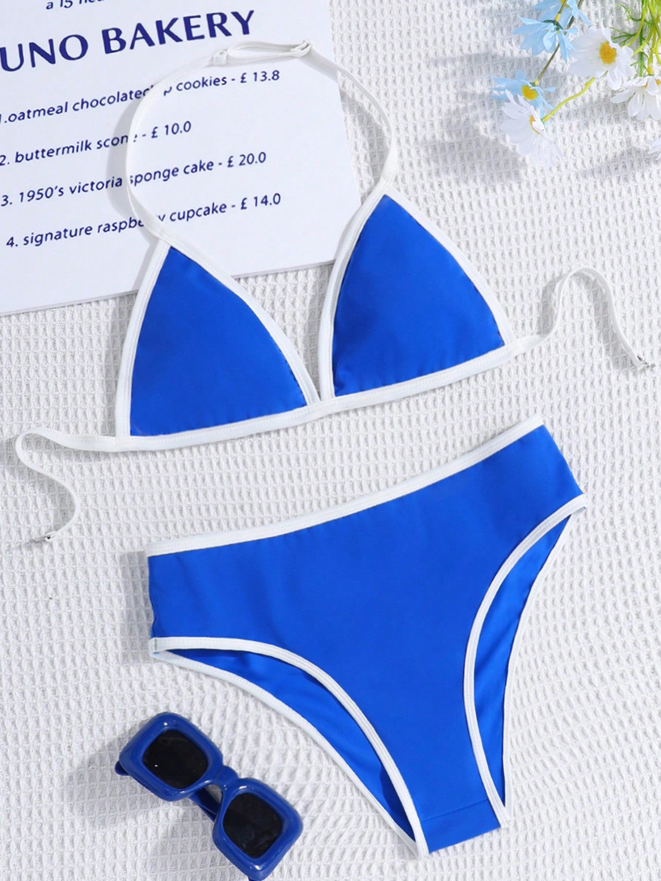 Teen Girl Blue & White Neon Color Block Athletic Style Bikini Set With Contrast Trim