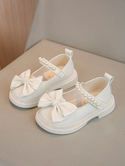 1 Pair Pearl Embellished White Cute Style Shoes With Bowknot Decoration