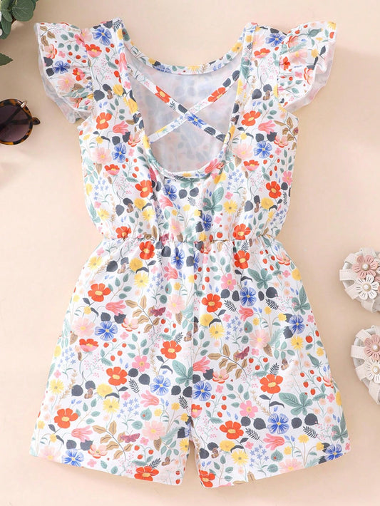 Young Girls Summer Casual Ditsy Floral Sleeveless Backless Romper