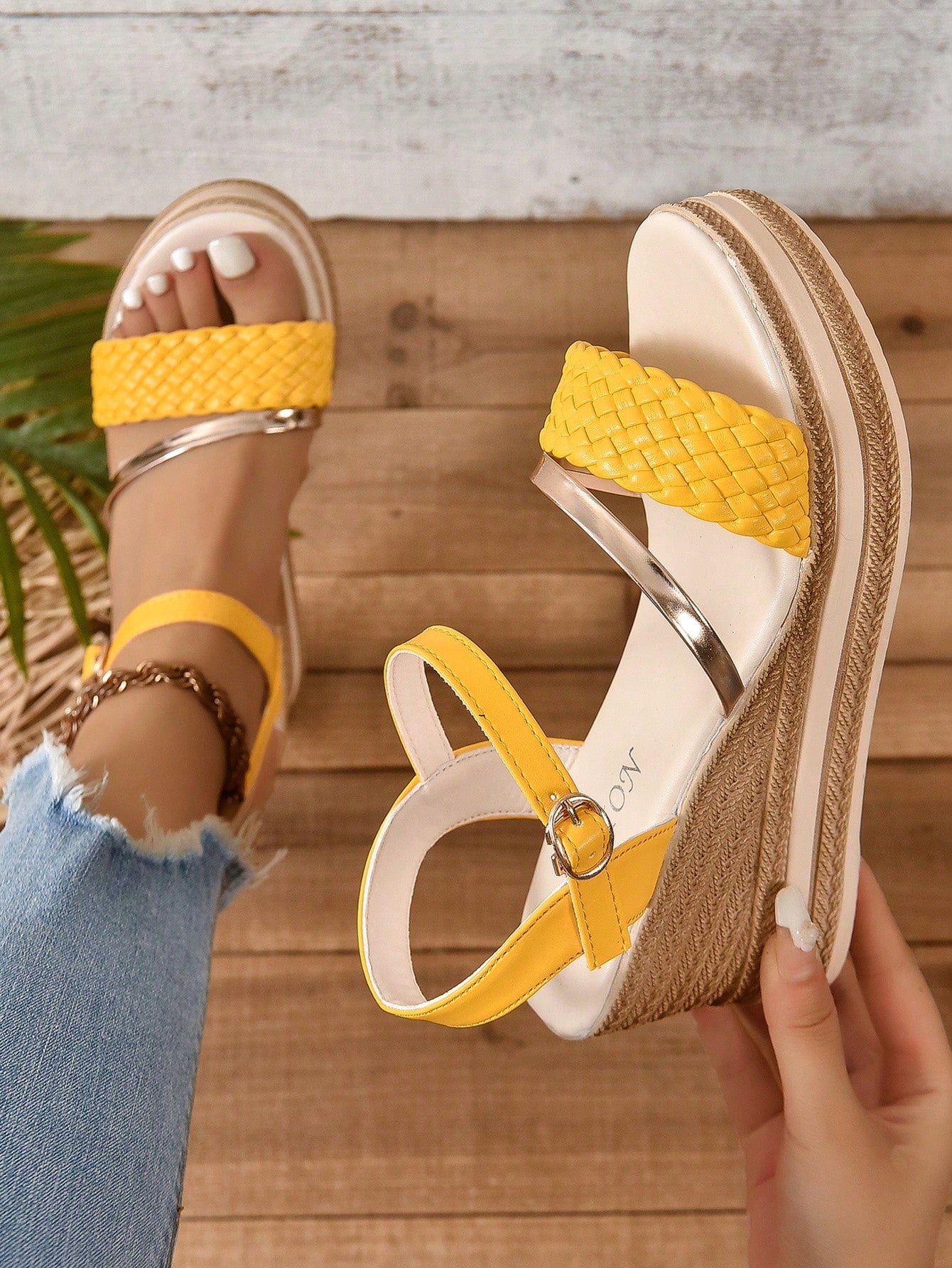 Women's Gold Braided Strap Decorated White Woven Bottom Bohemian Style Wedge Sandals, Youthful Trendy Casual Everyday Versatile, Holiday Walking Comfortable Women's Wedge Sandals