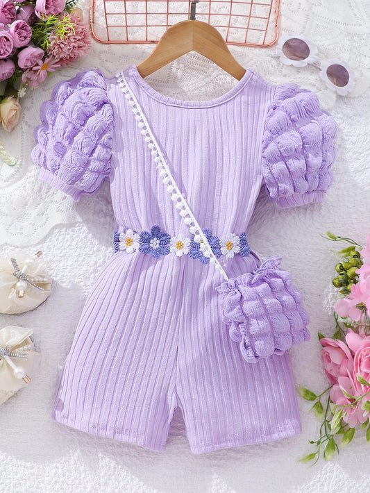 Young Girl Short Sleeve Bubble Textured Ribbed Cross-Back Romper, Including Bag