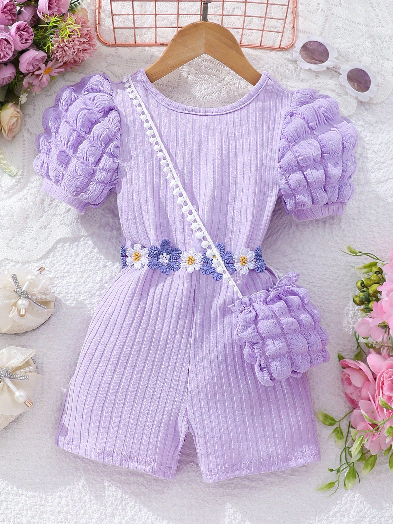 Young Girl Short-Sleeved Bubble Texture Jumpsuit With Crossed Back And Knit Stripe Fabric [Including Bag]