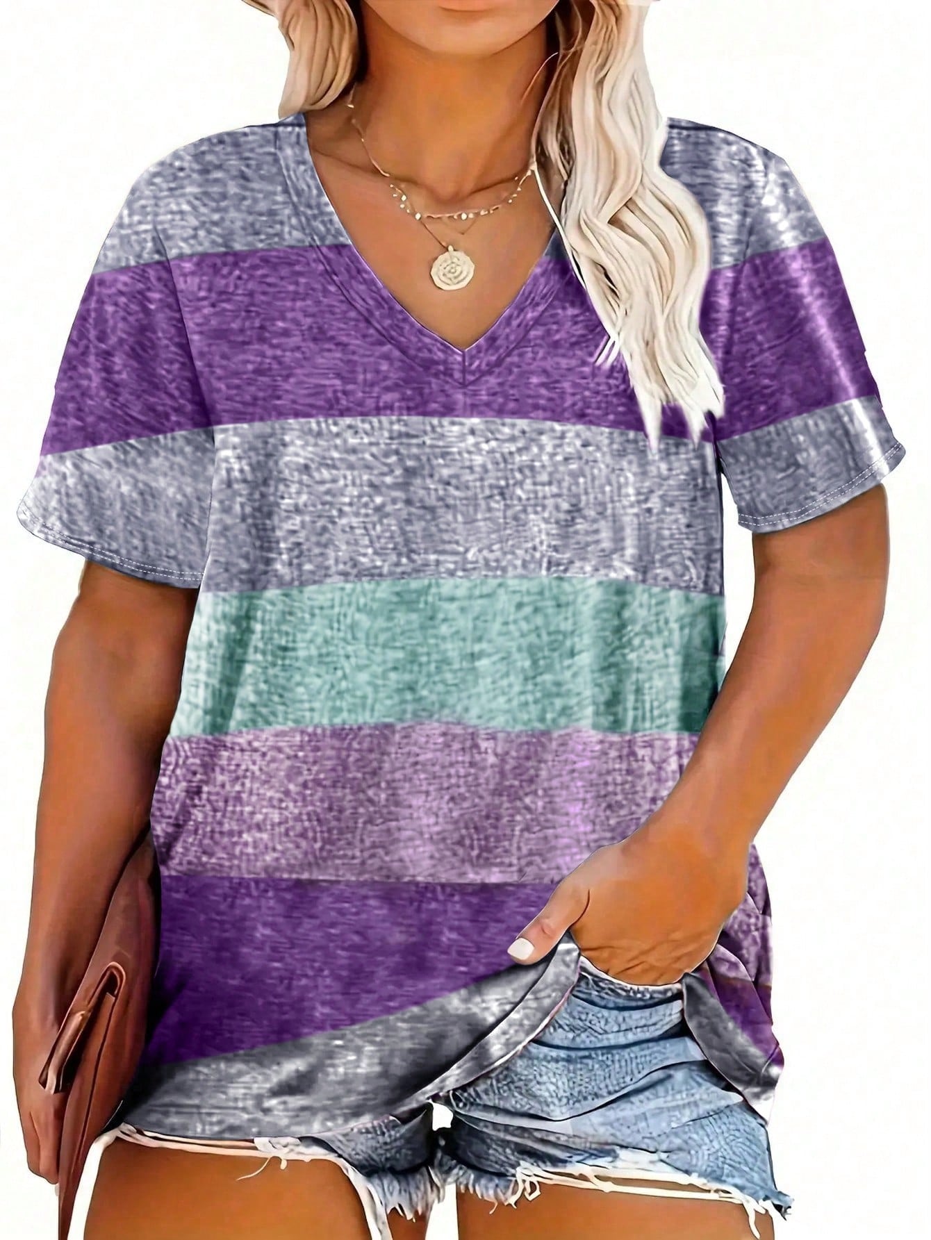 Women's Plus Size Striped V-Neck Casual T-Shirt