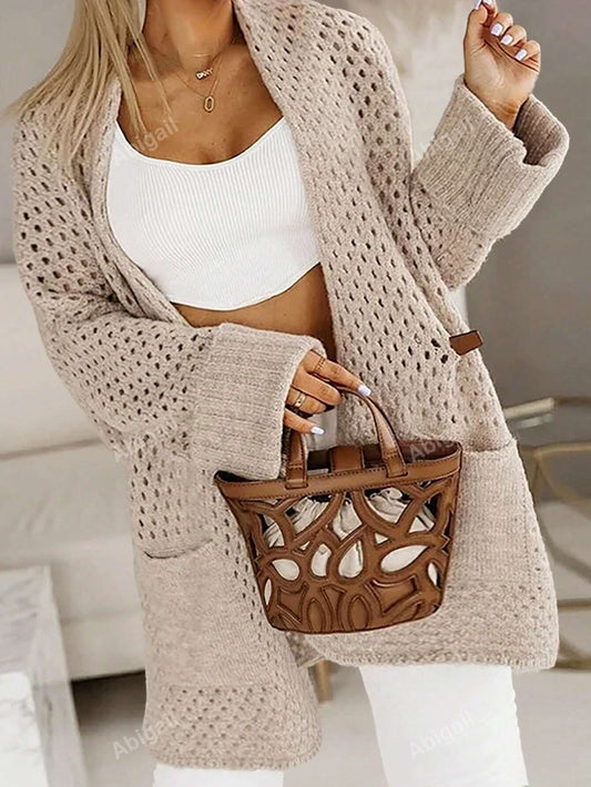 Fashionable Casual Women's Plus Size Hollow-Out Solid Color Long Sleeve Knitted Cardigan Coat With Pockets, Autumn/Winter Bestseller