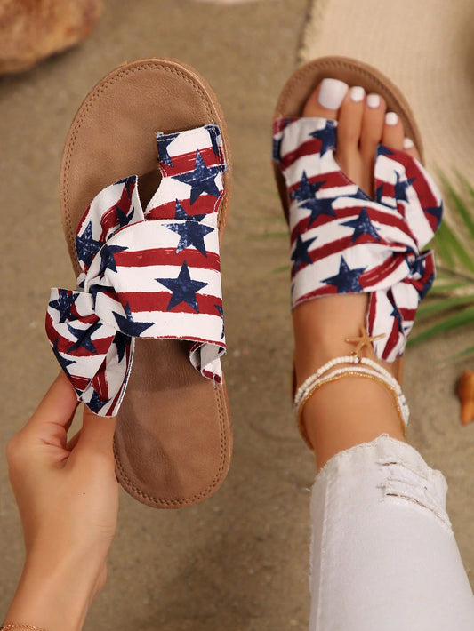 Fashion Women's Bowknot Decorated Fourth Of July Stars And Stripes Style Toe-Post Fisherman Sandals, Flat Casual Red And White Flip Flops