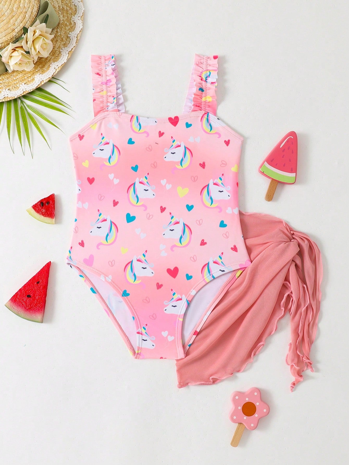 Young Girl Unicorn Printed One Piece Swimsuit With Strap And Matching Cover-Up