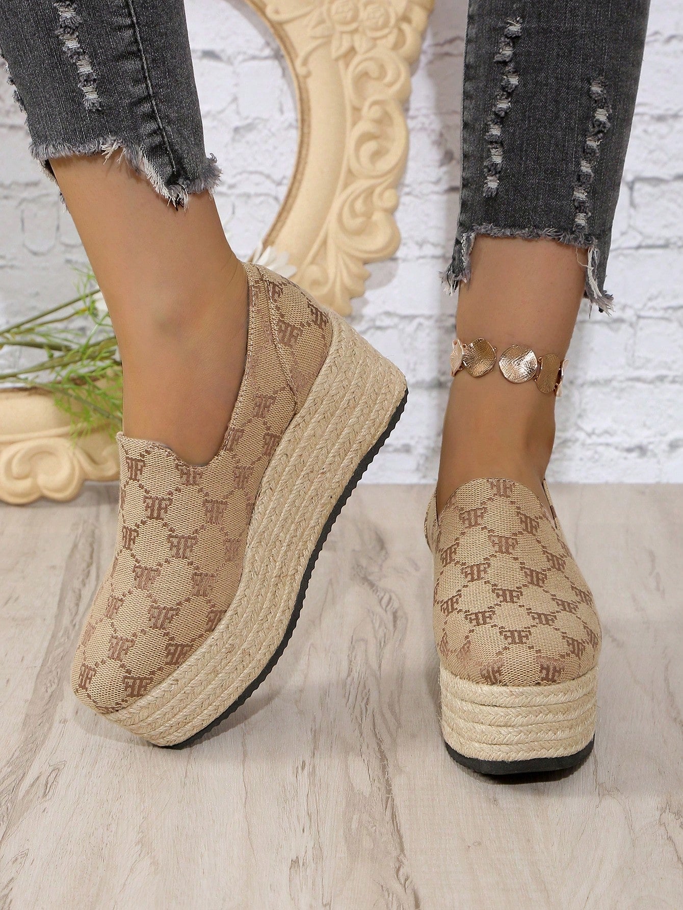 35-43 Wedge Heel Round Toe Casual Outdoor Linen Rope Platform Slip On Thick Sole Pumps For Women, Spring/Autumn