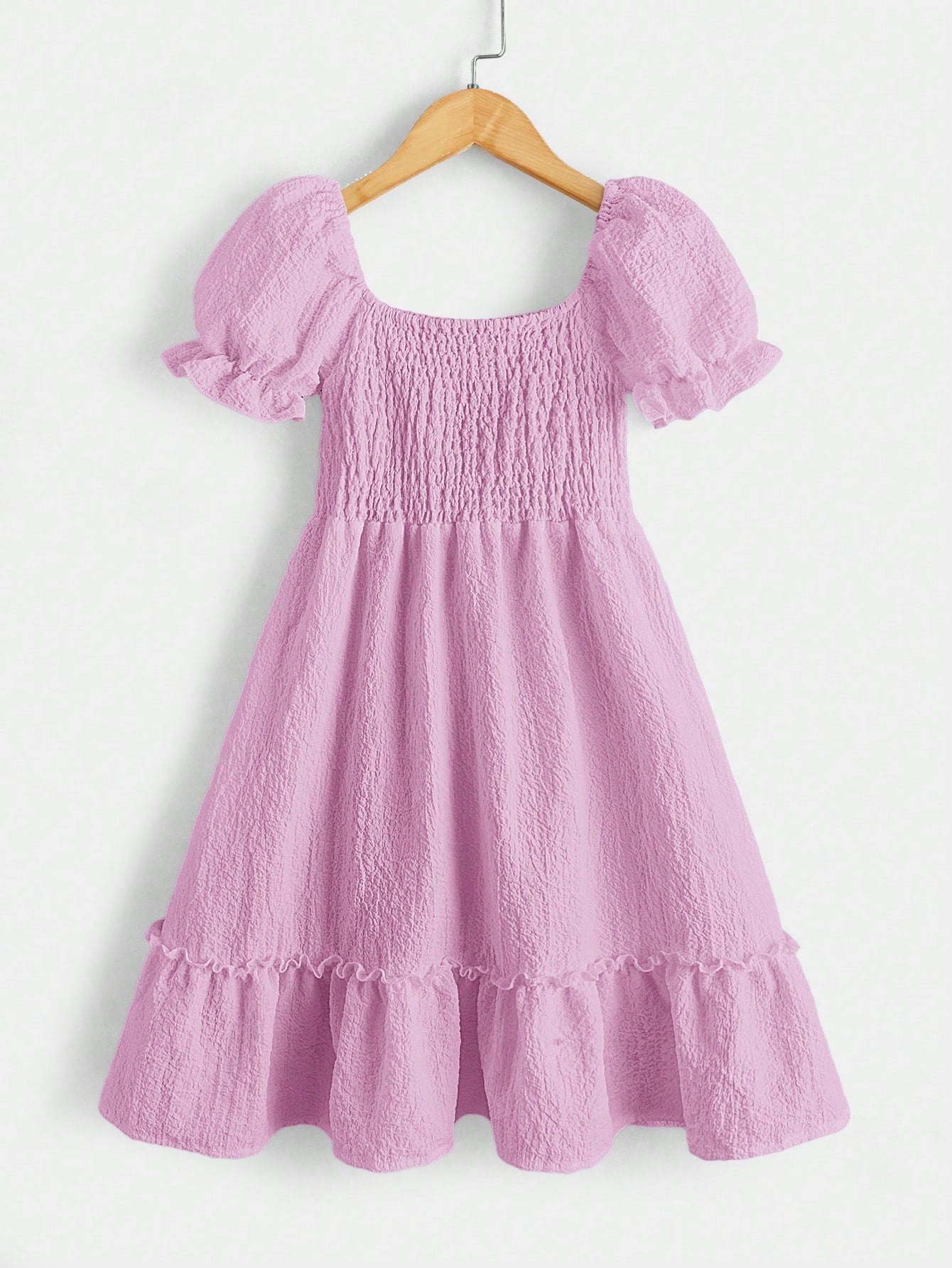 Tween Girl Solid Color Puff Sleeve Casual Dress With Gathering For Spring/Summer