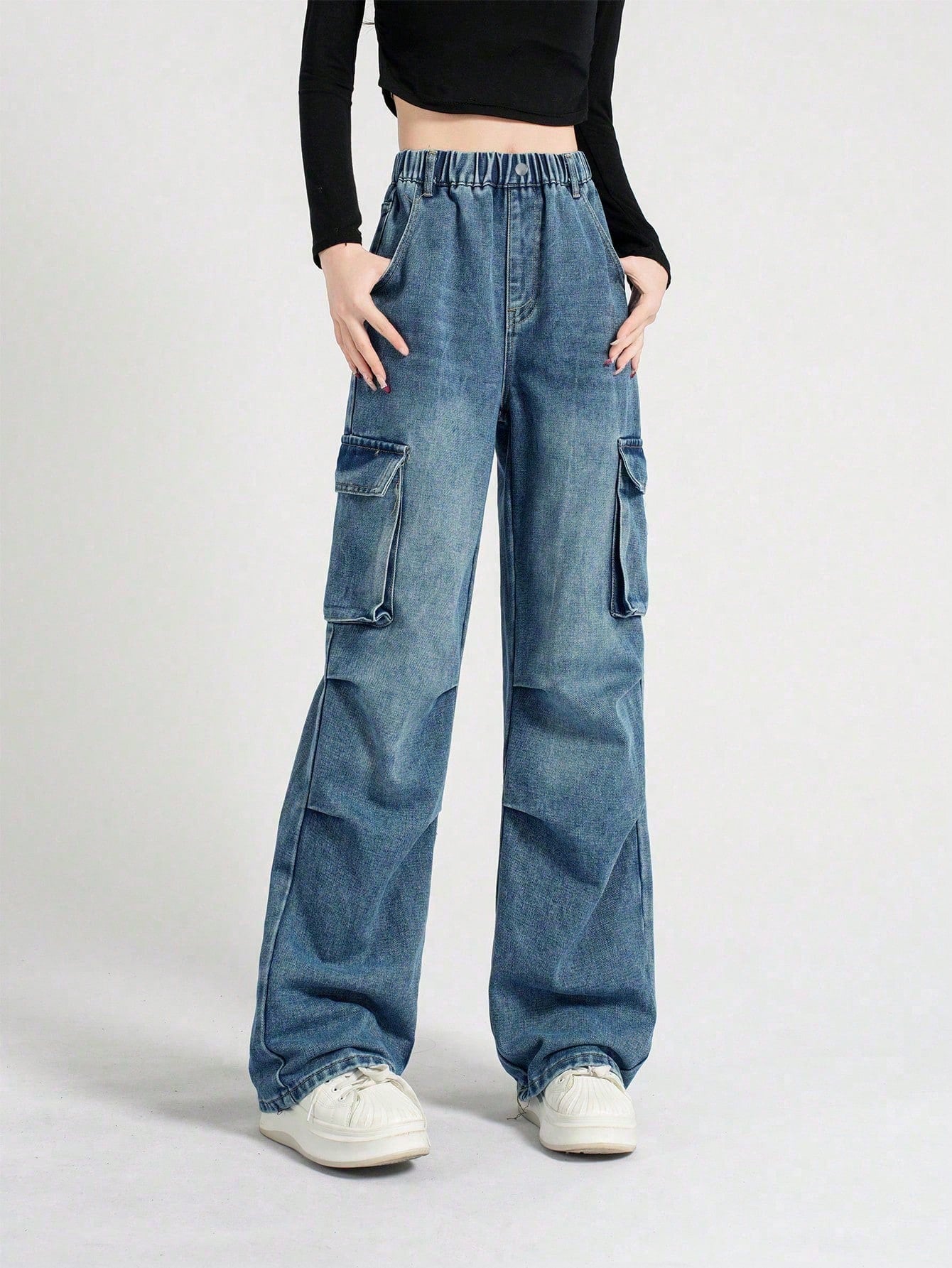 Tween Girls' Blue Casual Wide Leg Jeans, Washed Denim Cargo Pants