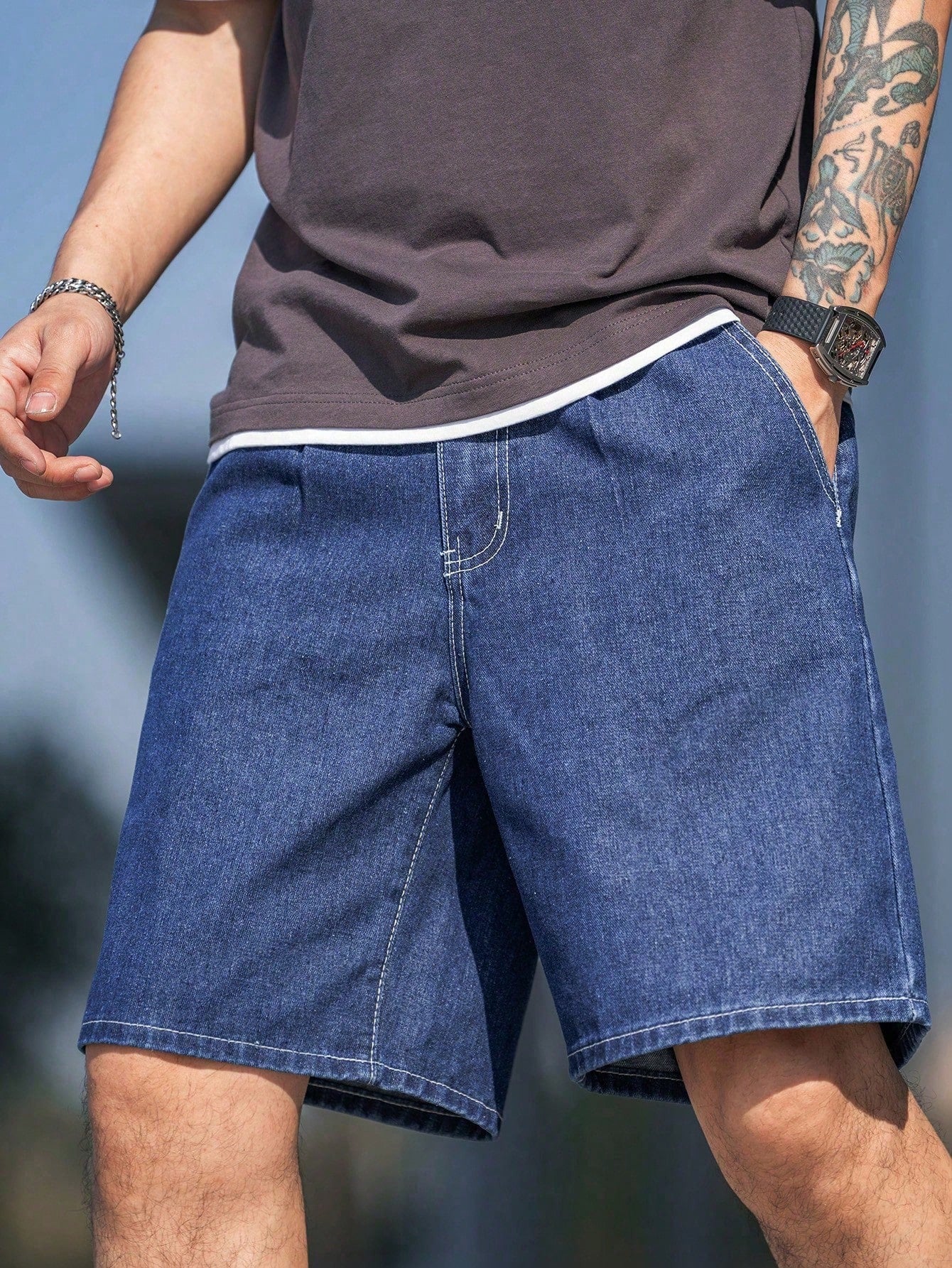 Men's Plus Size Loose Fit Denim Bermuda Shorts With Pockets