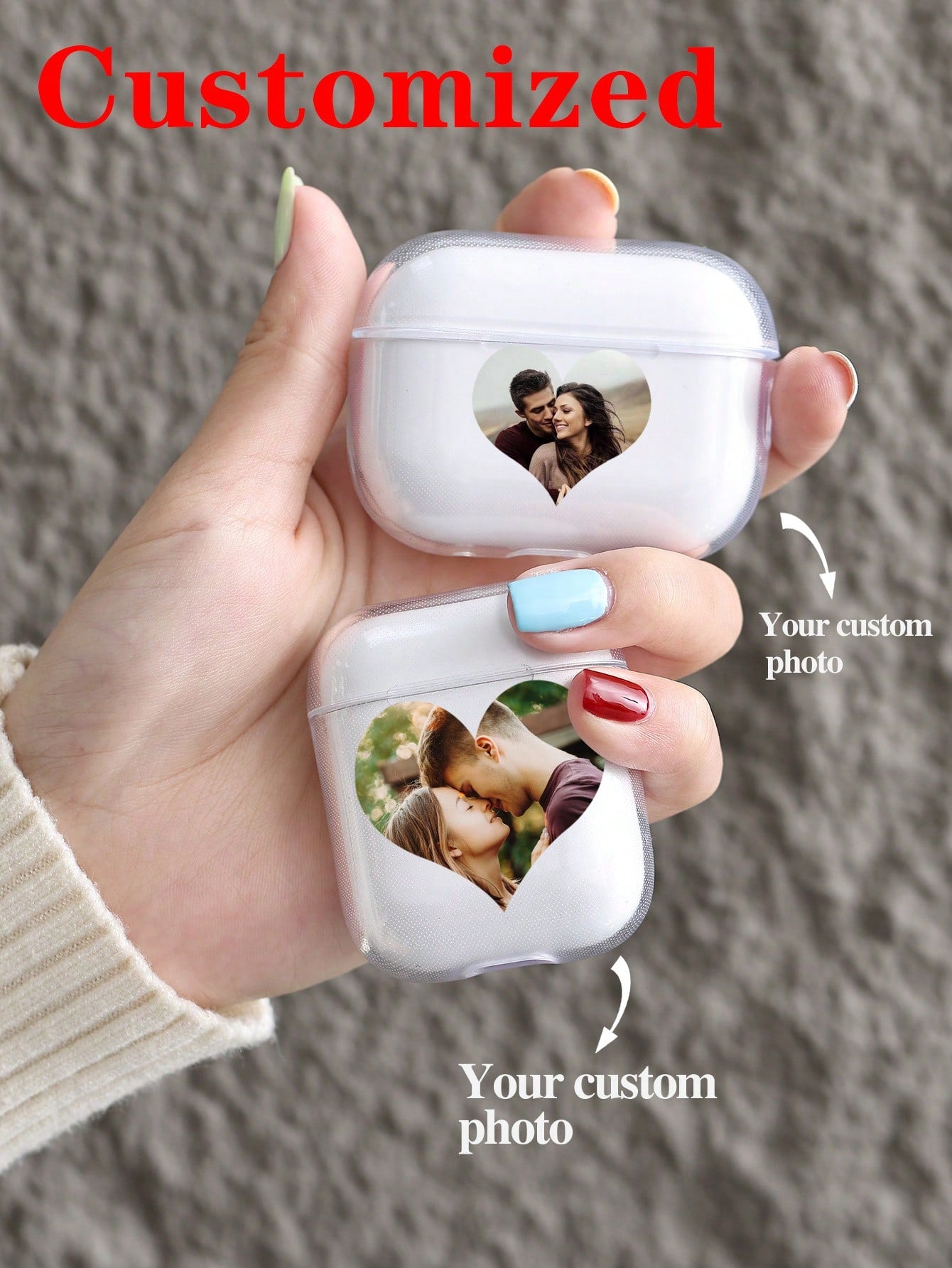 Customized Unisex Fashionable And Personalized DIY Cute Heart-Shaped TPU Bluetooth Earphone Case With Baby, Best Friend, Family, Pet, Dog, Cat Photo Print, Compatible With Apple AirPods 1/2/3