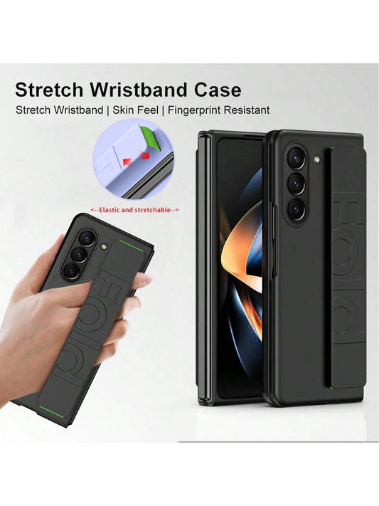 1 Pc Black Compatible With Samsung Galaxy Z Fold 6/Z Fold 5 Case With Strap, Anti-Scratch Shockproof PC [Non Slip Matte Touch] Slim Protective Z Fold 3 Phone Case With Elastic Finger Wristband, Shockproof Hard PC Cover Women Men Compatible With Samsung Ga