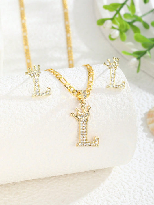 1pc Crown Initial Letter Necklace & 1 Pair Sud Earrings Copper Jewelry Set  Suitable For Children Fashion Party Accessory For Boys Girls Birthday Gift For Daily Life