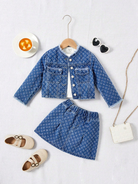 YOUNG GIRL Elegant Retro Jacquard Crochet Mid-Blue Worn Round Collar Denim Jacket & Fully Elasticated Waist Pleated Denim Skirt Set