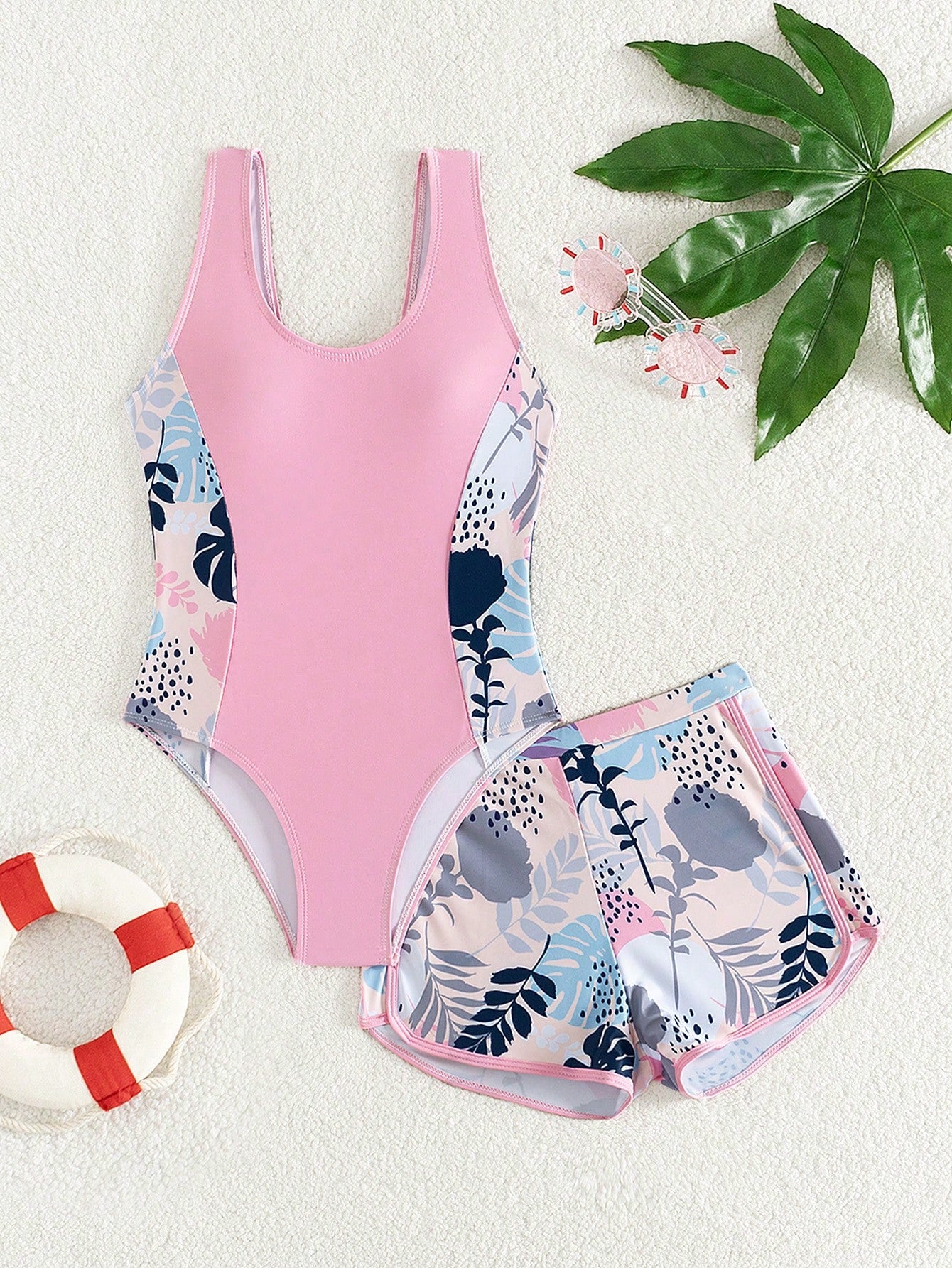 Girls' (Big) Swimsuit/One-Piece Swimsuit/Printed With Ruffles/ 2pcs Set