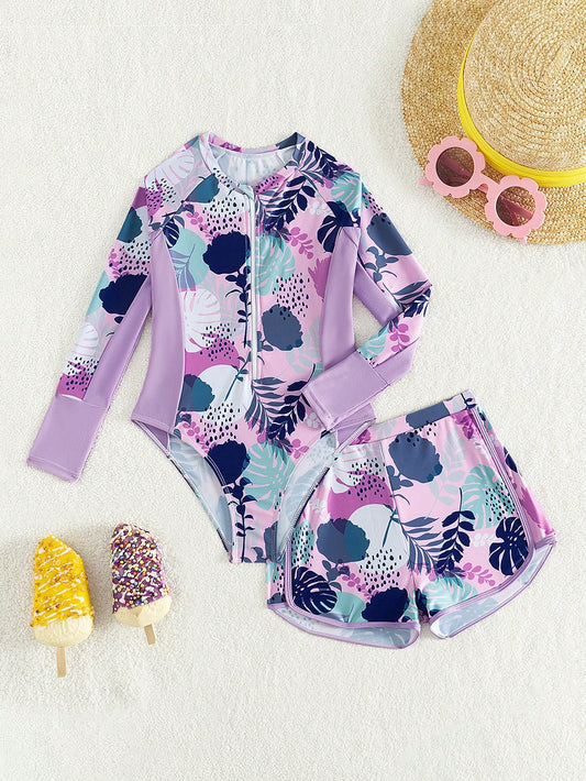 Tween Girl Summer Beachwear, High Neck Tropical Plant Print Long Sleeve Zipper One Piece Swimsuit With Boyshort, 2pcs/Set