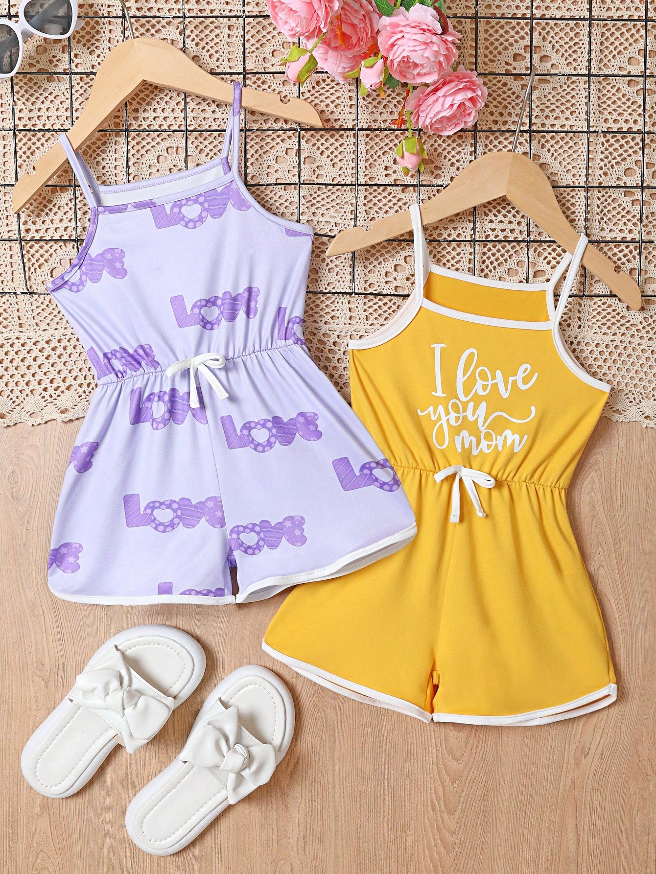 2pcs/Set Young Girl Heart And Letter Pattern Bowknot Strap Romper For Summer Vacation